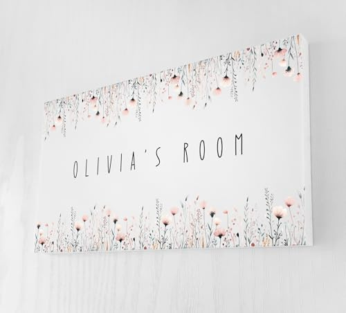 Personalised Floral Door Sign for Children – Wildflower Design – 180mm x 100mm – 10mm Thick Foam Board – Bedroom & Nursery Name Plaque with Sticky Pads