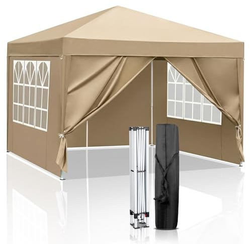 LEADZM Pavillon 3x3m,Pop-up Faltpavillon,Wasserdichter,Winterfest,Höhenverstellbar,UV Schutz 50+,Stahlrahmen,fur Garten,Party,Camping,Outdoor,mit 4 Seitenteilen,Khaki