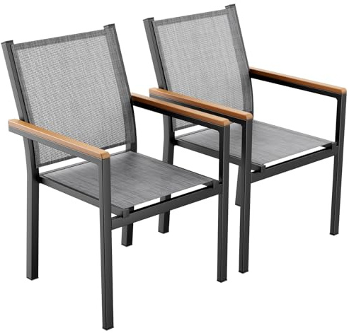 LIFERUN Trädgårdsstol set om 2, aluminium, stapelbar matrumsstol textilen, WPC-ledstång, balkongstol, för terrass, balkong, terrass, pool, restauranger, väderbeständig, linnegrå, 2 stycken