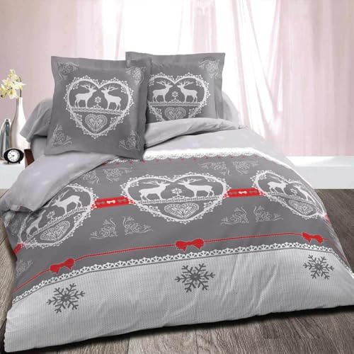 Alpes Blanc - Parure de draps Coton lit 2 Places 140 (4 pièces) Chalet Winter Gris
