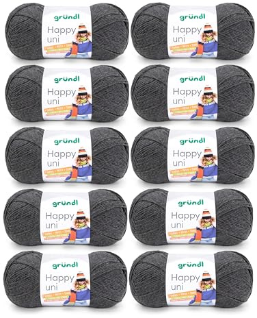 Gründl Wolle Happy uni Garn zum Stricken 10 Knäuel 100 g, anthrazit | Garn zum Häkeln - Strickgarn - Häkelgarn - Weich und hautfreundlich - 100 % Polyacryl 100 g / 250 m - Nadelstärke 4 5