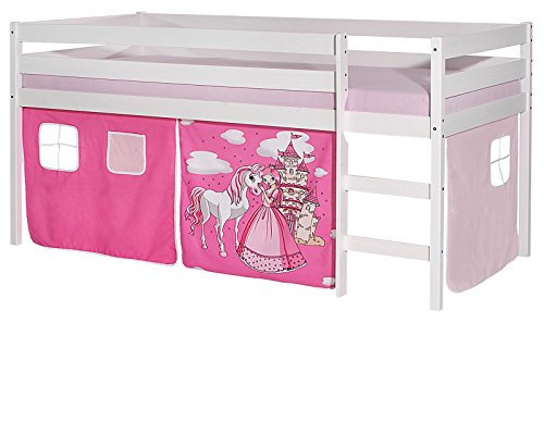 IDIMEX Hochbett Erik Kinderbett Spielbett Etagenbett Stockbett Holzbett, Vorhang mit Motiv Prinzessin rosa, Kiefer massiv weiß lackiert, 90 x 200 cm