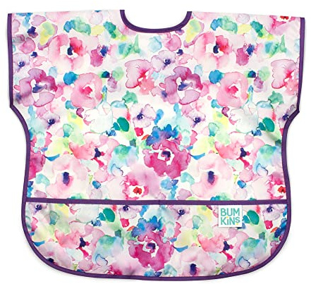 Bumkins Short Sleeve Bib for Girl or Boy, Toddler and Kids for 1-3 Years, Large Size, Essential Must Have for Junior Children, Eating, Mess Saving Soft Fabric Apron for Play, Watercolors Floral
