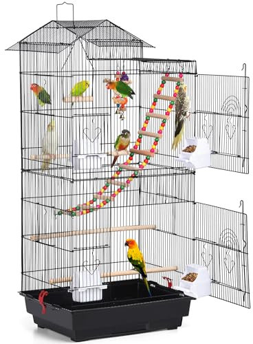 Yaheetech Gabbia Voliera per Uccelli Pappagalli Inseparabili Calopsite Parrocchetti in Metallo e Legno Nera con Giocattoli 46 x 35,5 x 99 cm