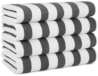 Arkwright Cali Cabana Stripe Beach Towel - Pack of 4, Soft Quick Dry 100% Cotton Terry Towels Set for Pool, Swim, and Hot Tub, 30 x 60 in, Grey