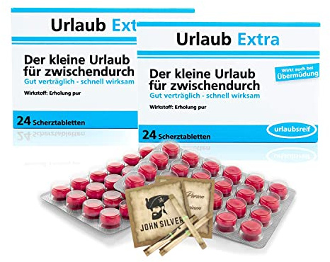 Lustige Pillen URLAUB EXTRA Pille 2er Set, als Geburtstagsgeschenk. Spaß, Anti Stress, gute Laune, Junggesellenabschied Mann und Frau. mit John Silver® Orakelsprüchen