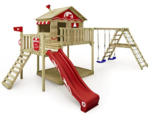 WICKEY Parque infantil para trepar Smart Ocean con columpio y tobogán rojo, torre de escalada para niños de exterior con arenero, escalera y accesorios de juego para el jardín