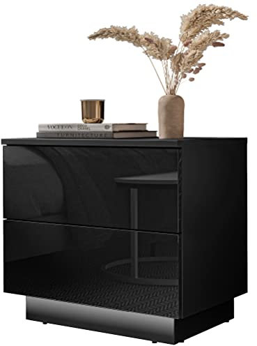lukmebel Nachttisch - LED Beleuchtung - Nachtkästchen - Shwarz - Push to Open - Nachtschrank - Beistelltisch mit Schublade - Tisch | Schlafzimmer | Bett | Modern - 55x50x37 cm