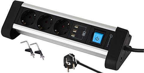 Electraline 62559 Steckdosenleiste 3-Fach Alu für den Schreibtisch + 3 USB 3.4A, Kabel 2m / Mehrfachsteckdose/Tischsteckdose Steckerleiste, Schuko Stecker, Metal, Schwarz, 3 Fach + 3 USB