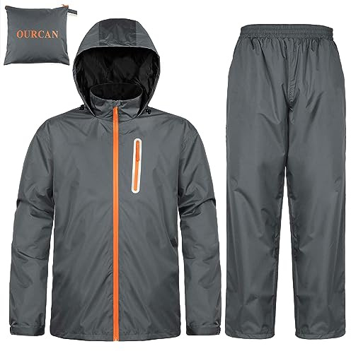 Ourcan Rain Suits for Man Waterproof Lightweight Hooded Rain Gear Rainwear Packable Raincoat Golf,Running,Fishing,Hiking,Cycling (S, Gray)