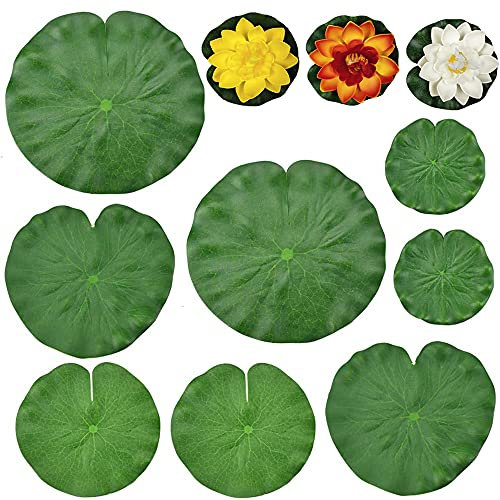 Qanye 15 Pieces Water Lily Leaves, Floating Pond Decor Water Lily, Water Lily Pads Ornaments, Artificial Water Lotus Leaves, 12 Lotus Leaf and 3 Lotus, for Pond, Aquarium, Garden Swimming Pool