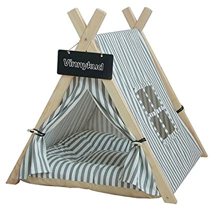 Vinnykud Tipi Zelt für Hunde Katzen Haustierzelt Tragbar Gestreift Hundezelt mit Kissen Hundebett Abnehmbar und Waschbar Kuschelzelt mit Fenster Indianerzelt für Kaninchen Chinchilla Meerschweinchen