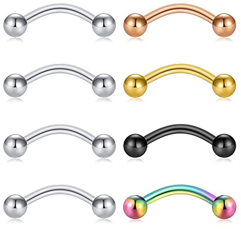 Funseedrr 8pcs Acero Quirúrgico Piercing Ceja Labio Lengua Ombligo 14G 16G Barras Curvas Pendientes Rook Daith Banana Piercing Joyas