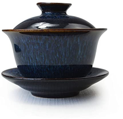 Porcelain Gaiwan 6oz Teacup Color Glazed Cups Tureen Chinese Sancai Cover Bowl Lip Saucer Set (Blue)