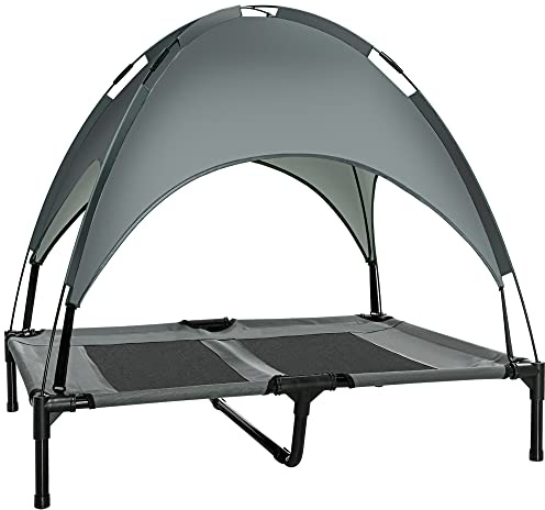 PawHut Outdoor Dog Bed Removable Canopy Large Pets 92 x 76 x 90 cm Grey | Portable Raised Dog Bed for Camping Garden & Beach, Water-Resistant UV-Protection Mesh Pet Cot Sun Lounger