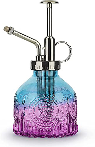 KoGiio Pflanzen Glas Sprühflasche, 200ml Retro Relief Pflanzensprüher mit Pumpe, Fortschrittlich Blumen Zerstäuber Drucksprüher für Balkon Kleiner Gartenpflanzen Indoor Haus Oder Büro-Blau/Lila