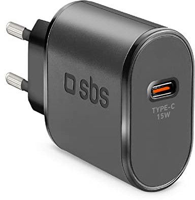 SBS Alimentatore USB-C 15W, Ricarica Rapida, Adaptive Fast Charge (AFC), Compatto, Caricatore per iPhone, iPad, Airpods, Samsung, Pixel, Tablet, Smartphone, Nero