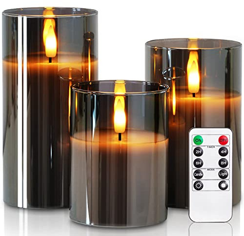 Homemory Grau Glas Flammenlose Kerzen, Batteriebetriebene LED Stumpenkerzen mit Fernbedienung und Timer, Elektrische Kerzen, Echtes Wachs, 3er-Set