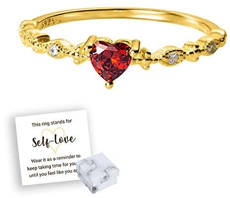 OVNMFH Take Time for Yourself Heart Ring, Cute Dainty Women's 14K Gold PlatedHeart-Shaped Ruby Ring, Adjustable Self Love Heart Ring, Engagement Ring, Promise Ring, Heart Ring (Gold)