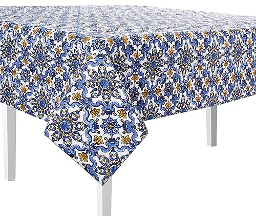 SaRani Tovaglia Tavola Copritavola Decorazione Cucina Cotone Fantasia Vietrese Mattonelle Maioliche (Blu, 12 posti)