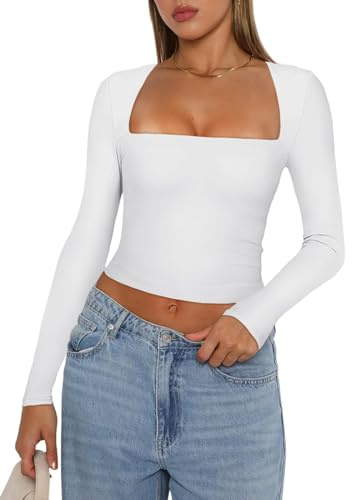 YILEEGOO Women Y2K Long Sleeve Tops Sexy Low Cut Square Neck Basic Tops Blouse Casual Slim Fit Solid Color Crop Top Tight T-Shirt (White, S)