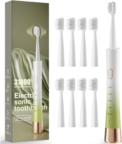 Upgrade Sonic Electric Toothbrush for Adults, 8 Replacement Brush Heads, Rechargeable Electric Toothbrush with 2-Minutes Timer IPX7 Water-Proof, for Indoor & Outdoor, White & Green Gradient