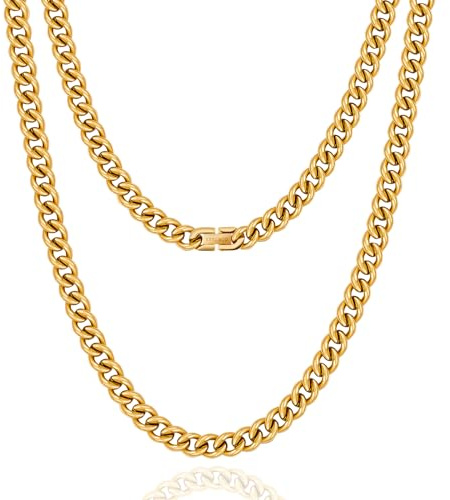 KRKC&CO 7mm Kette Männer, Panzerkette Herren Edelstahl, 18K Gold Vergoldet Cuban Link Chains Goldkette Halskette, Geburtstag Weihnachten Geschenke für Männer Jungs, [Länge 55,9cm]
