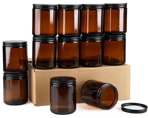 Goiio 12 Pack Amber Glass Jars, 8 Oz Thick Amber Round Glass Jars, with Black Metal Lids, for Spice, Liquid, Sample, Leakproof and Dishwasher Safe