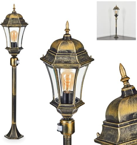 HOFSTEIN Außenstehleuchte Etoo, Außenwegeleuchte aus Metall/Glas in Schwarz/Braun-Gold/Klar, Wegeleuchte im Landhaus/Antik/Retro/Vintage-Design, Garten, Außenbereich, Hof, Terrasse, 108 cm, E27, IP44