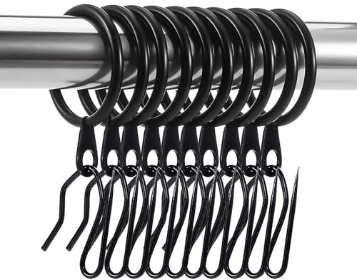 DHYLRICHER 60 Pieces Metal Drapery Curtain Rings Curtain Hanging Rings and 60 Pieces Metal Curtain Drapery Pin Hooks for Window Curtain, Door Curtain and Shower Curtain (Black)