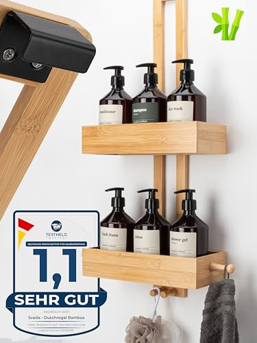 SVADA Mensola doccia senza trapano in bambù – Cestino sospeso in legno – Organizer bagno per shampoo, bagnoschiuma e accessori
