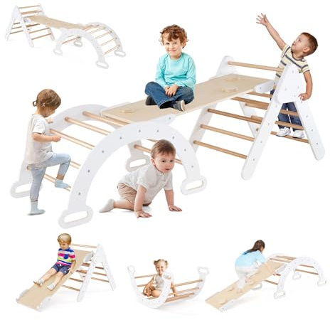 GOPLUS 7 en 1 Triángulo de Escalada para Niños de 1 Año, Montessori Escalador con Tobogán Rampa Arco, Juguetes de Escalada de Madera, Slide Aprendizaje para Guardería Casa, Carga 50 kg (Gris)