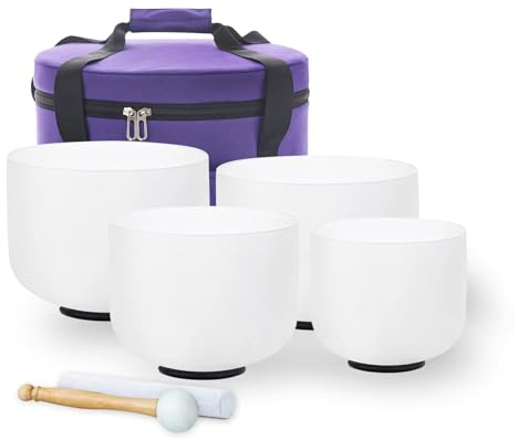 Hye-eun Kristall-Klangschalen-Set, 432 Hz, 15,2 cm, B 20,3 cm, G, 25,4 cm, E, 30,5 cm, C, mattierte Quarz-Klangschale mit Tragetasche, Schlägel und Gummi für Klangheilung, Bad, Gleichgewichtstherapie,