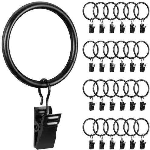 Caianwin 25 Stück Vorhangringe Metall Gardinenringe mit Clips 32mm Innendurchmesser Curtain Rings für Stange Fenster Tür Duschvorhang Wäscheleine(Schwarz)