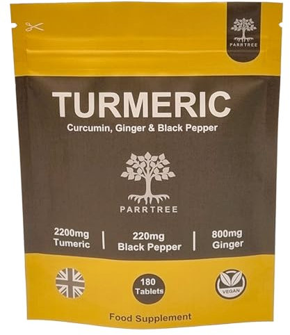 Turmeric Tablets 2200mg with Black Pepper and Ginger - 180 Tablets - High Strength 95% Curcumin Supplement - Tablets not Capsules - Vegan and Gluten Free - Made in The UK