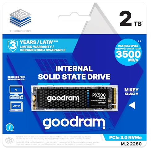 goodram - Laufwerk Extern - Px500 Gen.3 - Interne Festplatte - Hochgeschwindigkeits-PCIe-Gen. 3 x4-Schnittstelle - NVMe 1.4 Unterstützung - Speicherung von Mehrfachdaten - 2TB - 3500 MB/s - 2800 MB/s