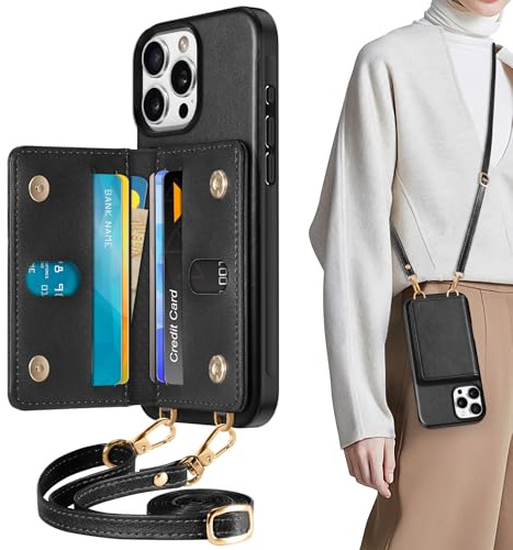 TUCCH Handyhülle für iPhone 16 Pro Max, Schutzhülle, Schwarz | Brieftasche, Band, Handytasche, RFID Blocker, 6 Kartenfächern, abnehnmbare Umhänggurt, Kompatibel mit iPhone 16 Pro Max