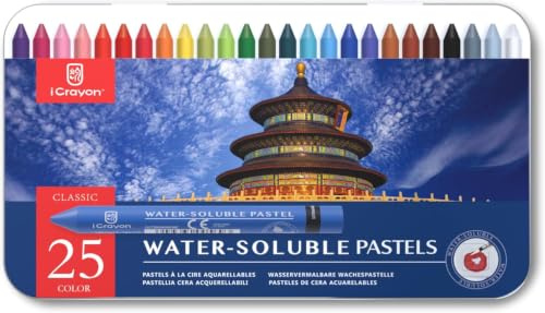 iCrayon - Ensemble de 25 pastels solubles à l'eau, set de pastels aquarellables pour débutants et amateurs, comprend un taille-crayon, une palette et un pinceau pour des créations artistiques