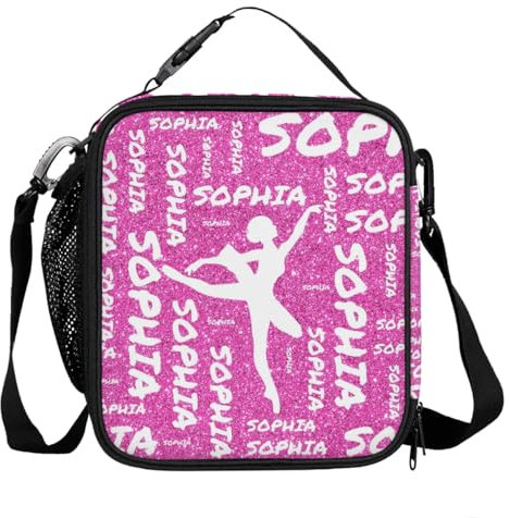 Mintoprints Lonchera de baile personalizada, lonchera reutilizable con aislamiento personalizado con nombre, bolsa de almuerzo para mujer, ballet, baile, rosa brillante