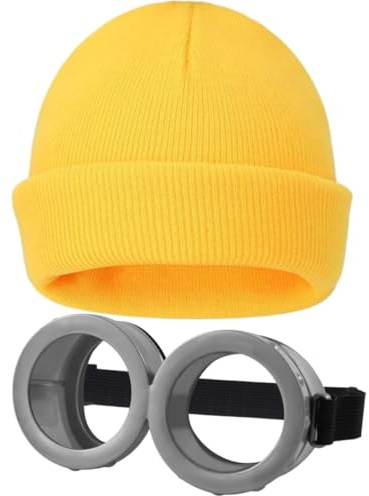Hatstar Gelbe Beanie Mütze + Spaß Brille | Comic Style Verkleidung für Damen, Herren | Cartoon Figur Set | Kostüm Party Accessoire zu Halloween, Karneval, Fasching