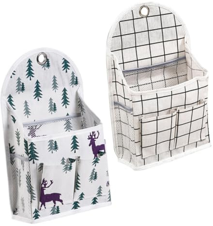 Hanging Bag 2pcs Cotton Linen Wall-Side Storage Pouch | Travel Hanging Organiser, Pvc Multi-pocket Design, Washable Layered Organisation for Bedside Dormitory Use