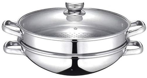 Baumalu - Wok & Wok Vapeur 2-en-1 - Acier Inoxydable - Tous Feux dont Induction - Couvercle en Verre avec Bords Inox et Trou Vapeur - avec Légumier et Panier - Poignées en Métal - Ø32cm