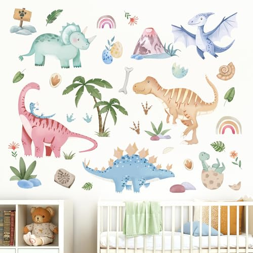 Fufuquare Cartoon Dinosaurier Abziehbare Wandtattoo Tiere und Pflanzen Wandaufkleber für Kinderzimmer Schlafzimmer Wohnzimmer Badezimmer