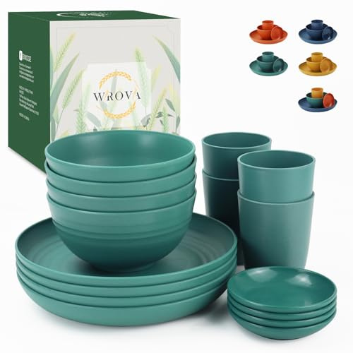 Wrova Service de table en plastique 16 pièces – Service de vaisselle réutilisable pour cuisine – Service pour 4 personnes – Passe au micro-ondes et au lave-vaisselle – Vert