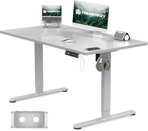 TRIUMPHKEY Höhenverstellbarer Schreibtisch 120x80cm mit Typ-C Ladeanschluss, Schreibtisch Höhenverstellbarer mit Kabel Management Tray, Standing Desk mit 3 Memory Funktion, Grau