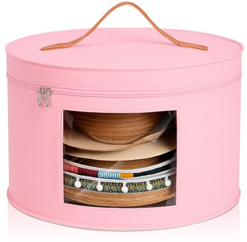Chunful Hat Box Storage for Women Large Storage Bag for Wide Brim Sun, Cowboy and Foldable Space Saving Travel Hat Organizer Bag with Lid(Pink,Height 10.2 Inches)