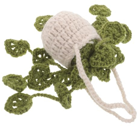 HIAKDOFT Crochet Hanging Plant Car Ornament for Rearview Mirror Woven Car Decor with White Basket and Green Hollow Leaf Creative Interior Accessory for Vehicle Ambiance Enhancement