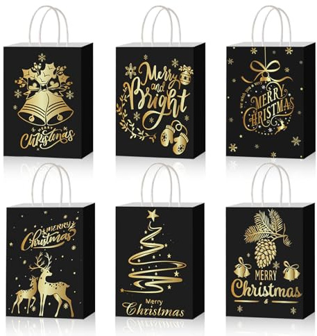 Ctxtqtdt 12 Stück Geschenktüten Weihnachten Klein mit Griffen, 6 Stile Weihnachtstüten Papier mit Weihnachtsdruck, Tüten Weihnachten, Weihnachtsfeier Tasche (22cm x 16cm x 8cm) (J)