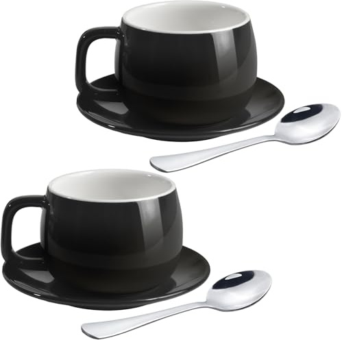 ionEgg Porcelain Coffee Cup with Saucers and Spoons 270ml/9oz for Latte, Cappuccino and Tea, Black, Set of 2