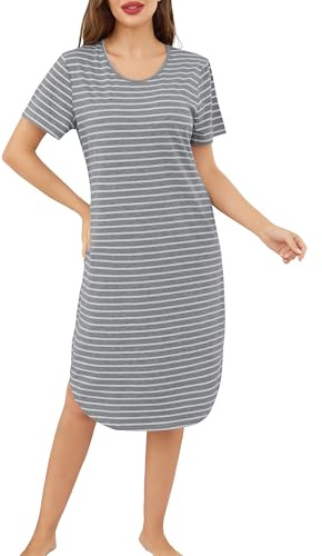 Sopesil Camicia da Notte Donna Manica Corta Camicia da Notte Estiva a Righe con Scollo Rotondo e Tasches Vestiti per Casa Donna Grigio,M